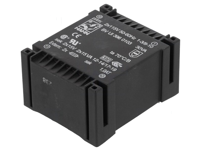 Transformator: ingegoten; 30VA; 115VACx2; 15V; 15V; 1A; 1A; PCB; BVUI Transformator: ingegoten; 30VA; 115VACx2; 15V; 15V; 1A; 1A; PCB; BVUI